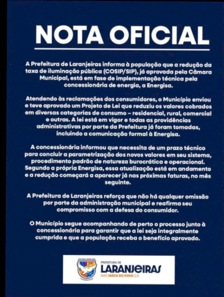 Laranjeiras: Bastidores apontam falha no envio de lei à Energisa, mas Prefeitura culpa 